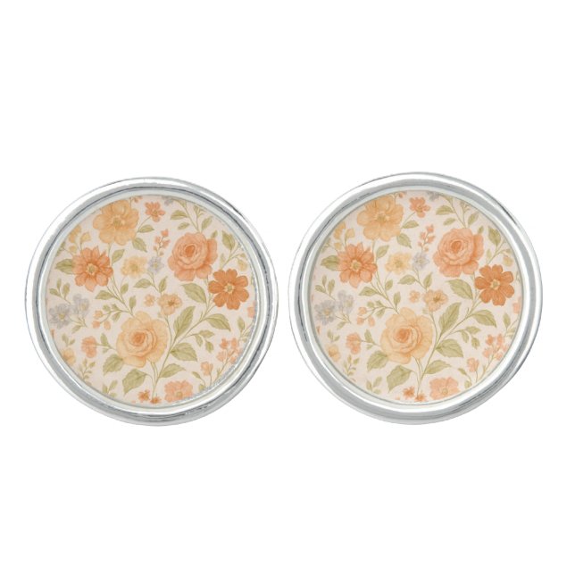 Cream & Peach Floral Pattern Cufflinks (Front)