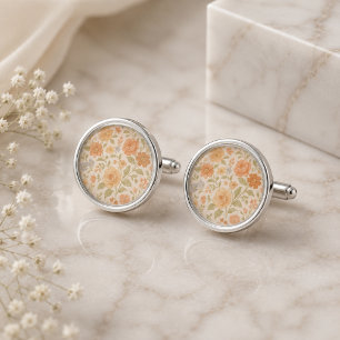 Cream & Peach Floral Pattern Cufflinks