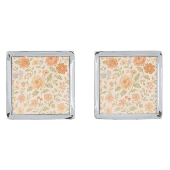 Cream & Peach Floral Pattern Cufflinks (Front)