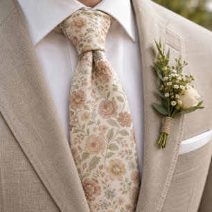Cream & Peach Floral Pattern Neck Tie