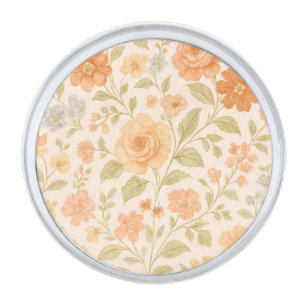 Cream & Peach Floral Pattern Silver Finish Lapel Pin