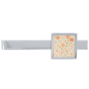 Cream & Peach Floral Pattern Silver Finish Tie Bar
