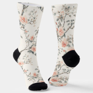 Cream Peach Floral Roses Socks