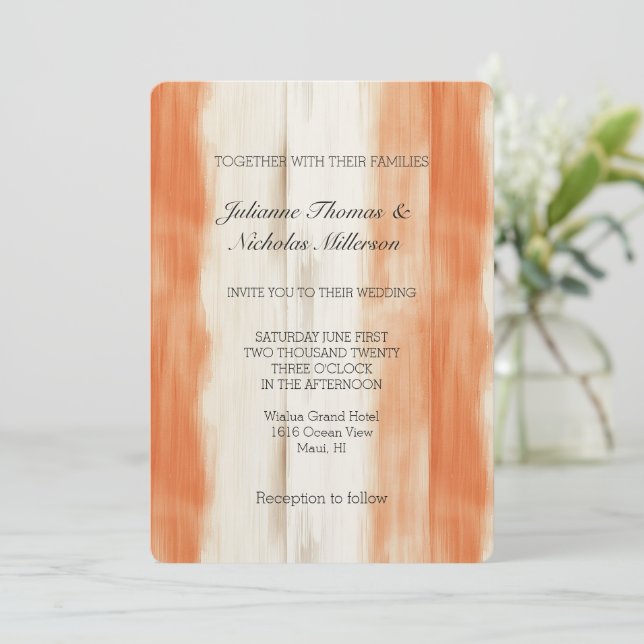 Cream Peach Orange Stripes Wedding Invitation (Standing Front)