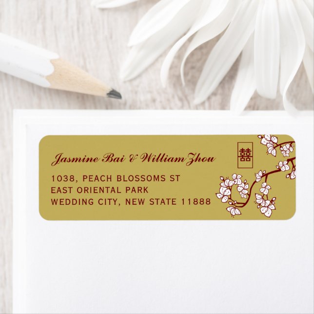 Cream Peach/Plum Blossoms Double Happiness Address Label (Insitu)