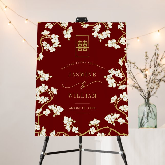 Cream Peach/Plum Blossoms Double Happiness Wedding Foam Board (In Situ (Stand))