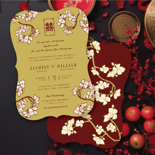 Cream Peach/Plum Blossoms Double Happiness Wedding Invitation