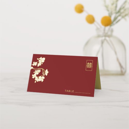 Cream PeachPlum Blossoms Double Happiness Wedding Place Card