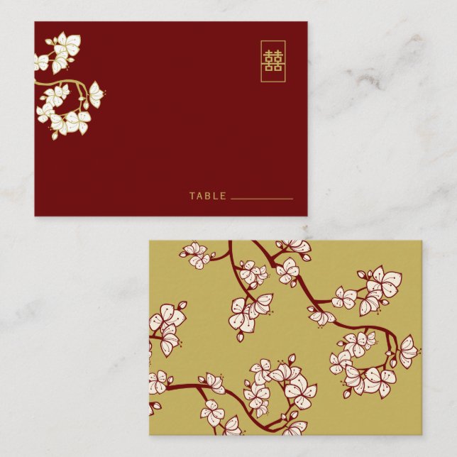 Cream Peach/Plum Blossoms Double Happiness Wedding Place Card (Front/Back)