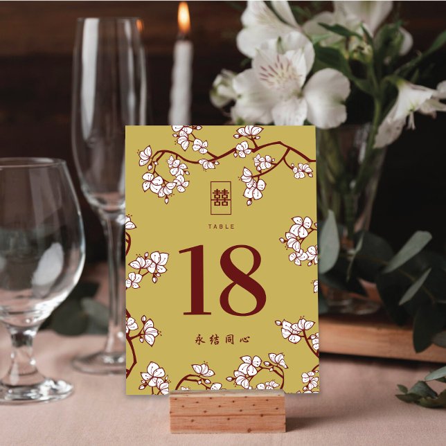 Cream Peach/Plum Blossoms Double Happiness Wedding Table Number (Creator Uploaded)