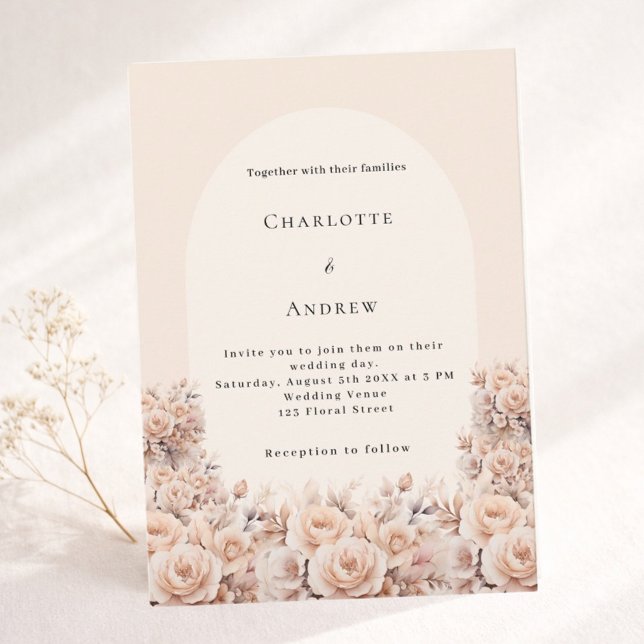 Cream peach rose gold florals arch photo wedding invitation (Creator Uploaded)