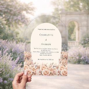 Cream peach rose gold florals arch wedding acrylic invitations