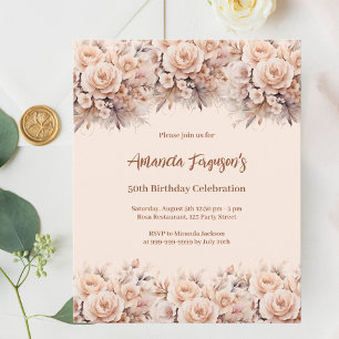 Cream peach rose gold florals birthday invitation