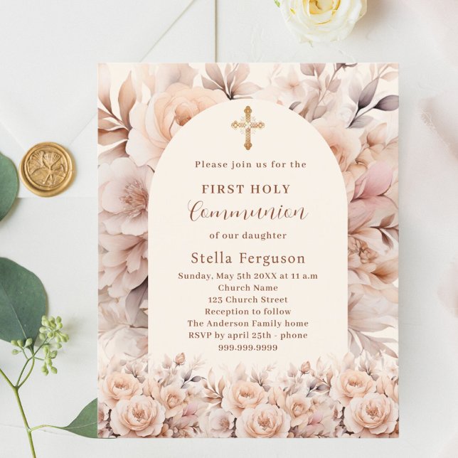 Cream peach roses arch First Communion invitation (Creator Uploaded)