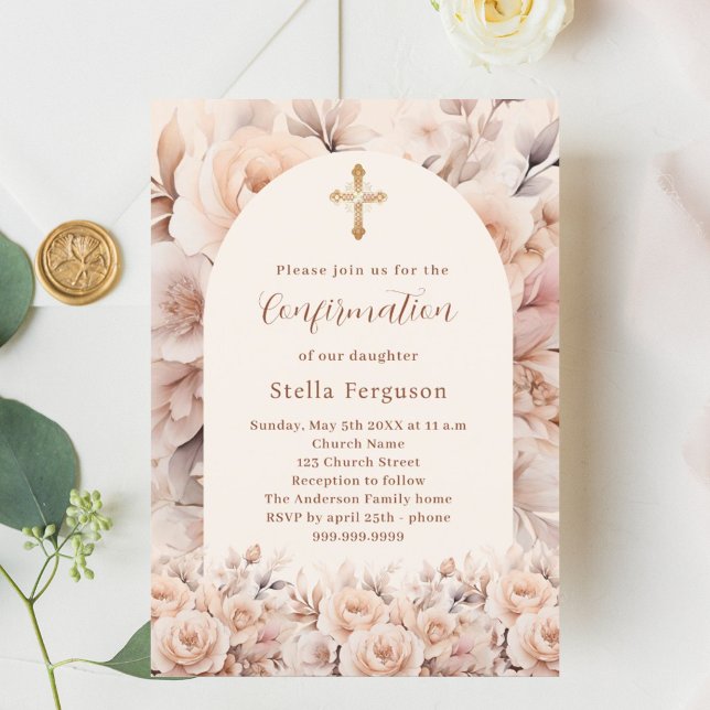 Cream peach roses florals arch Confirmation Invitation (Creator Uploaded)