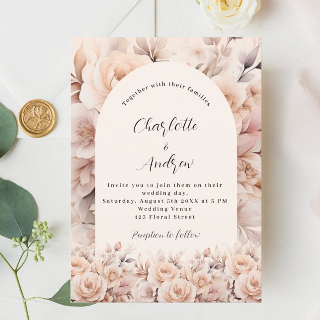 Cream peach roses florals arch elegant wedding invitation (Creator Uploaded)