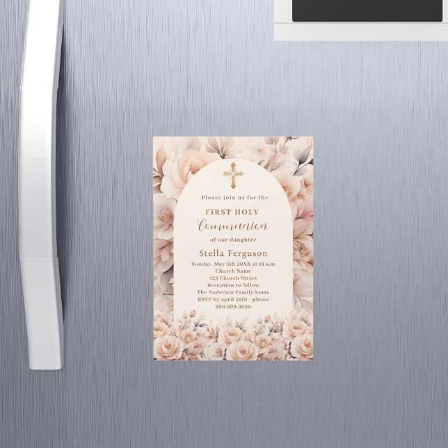 Cream peach roses florals arch First Communion Magnetic Invitation (Creator Uploaded)
