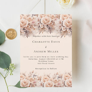 Cream peach roses florals elegant wedding invitation
