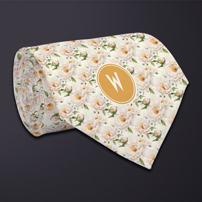 Cream Peonies Floral  Neck Tie (Creator Uploaded)