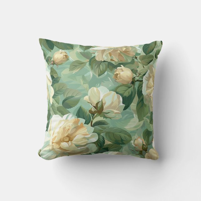 Cream peony flower blossom with greenery throw pillow (Front)