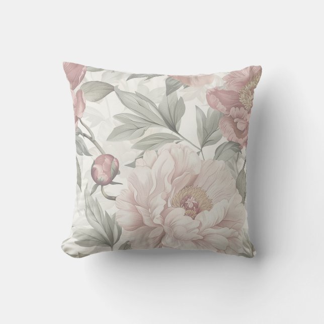 Cream peony flower blossom with greenery throw pillow (Front)