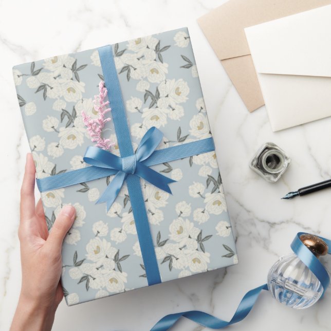 Cream Peony Flowers on Light Blue Background Wrapping Paper (Gifting)