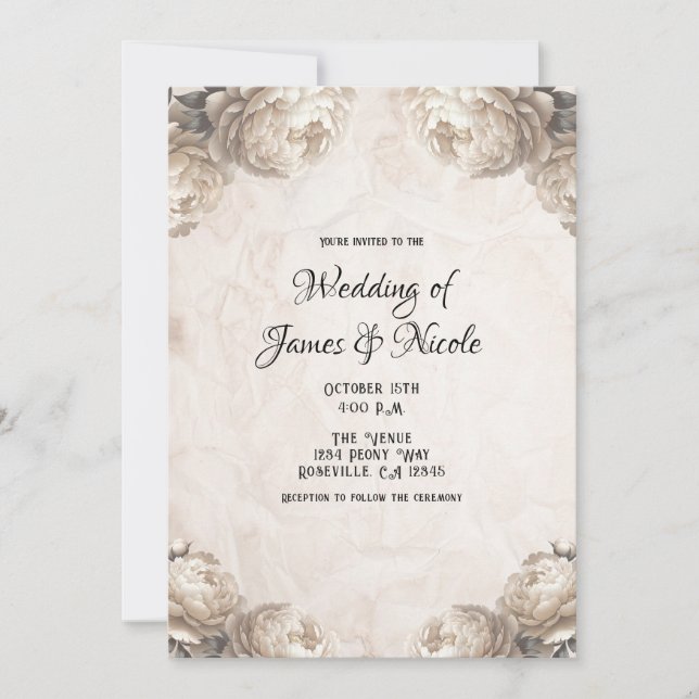 Cream Peony Flowers Vintage Rustic Wedding  Invitation (Front)