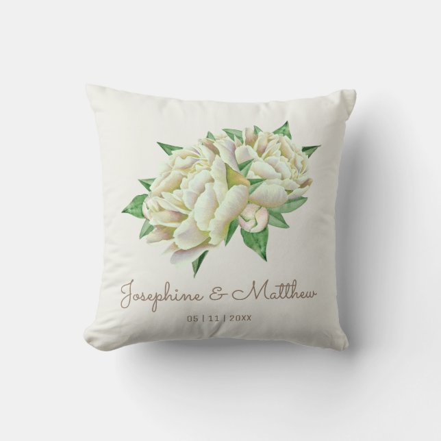 Cream Peony Wedding Throw Pillow (Front)