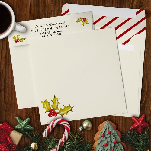 Cream Peppermint Stripe Holly Elegant Christmas Envelope