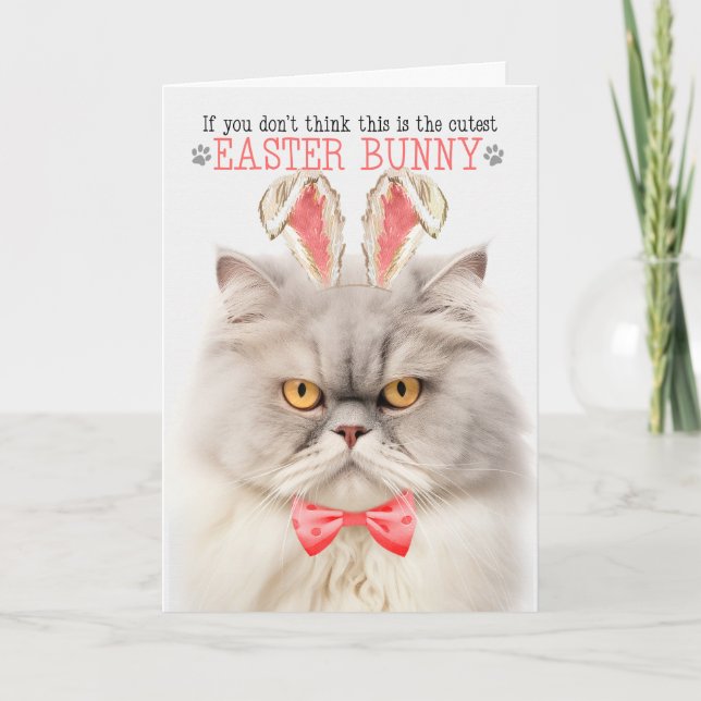 Cream Persian Cat Cutest Easter Bunny Kitty Puns Holiday Card (Front)