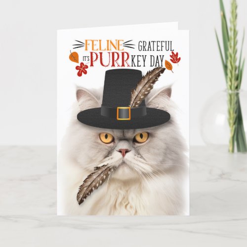 Cream Persian Cat Grateful for PURRkey Day Holiday Card