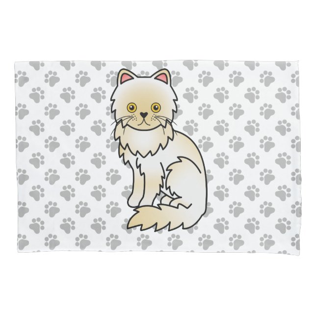 Cream Persian Cute Cartoon Cat & Paws Pillow Case (Front)