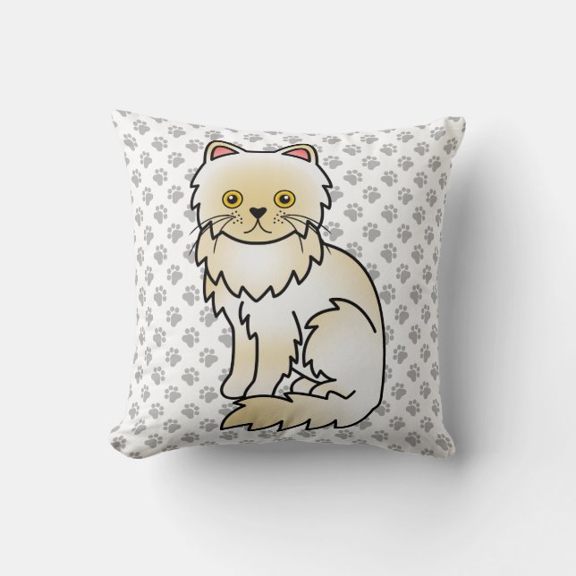 Cream Persian Cute Cartoon Cat & Paws Throw Pillow (Front)