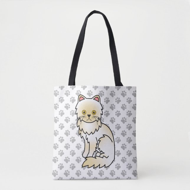 Cream Persian Cute Cartoon Cat & Paws Tote Bag (Front)
