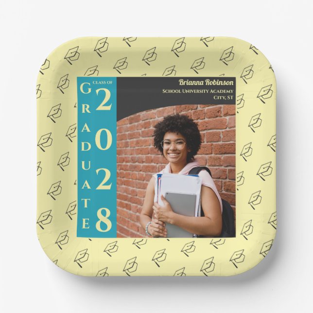 Cream Photo Modern Graduation Cap Party Paper Plates (Front)