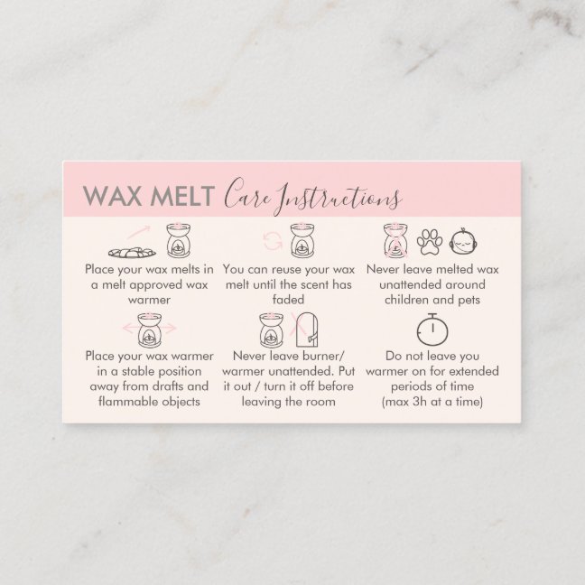 Cream Pink Aftercare Instructions for Wax Melt Business Card