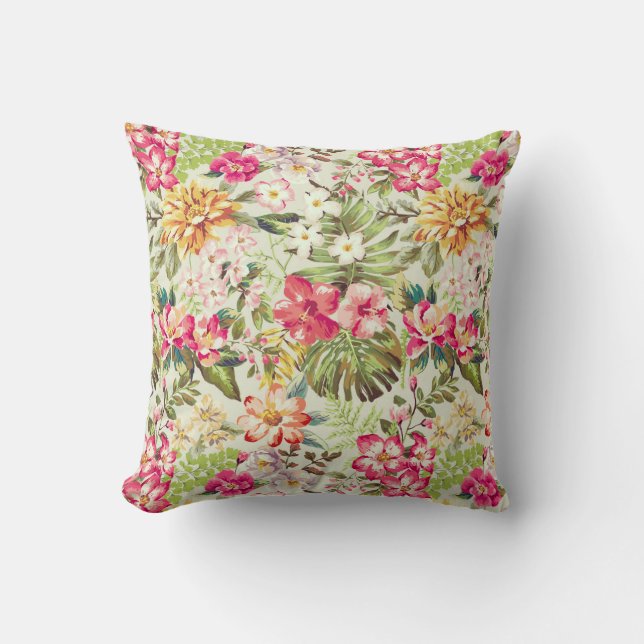 Cream, Pink and Green Tropical Floral Pattern Throw Pillow (Front)