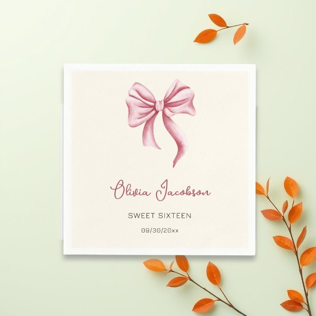 Cream Pink Bow Girl Sweet 16 Birthday Party Napkins (Creator Uploaded)