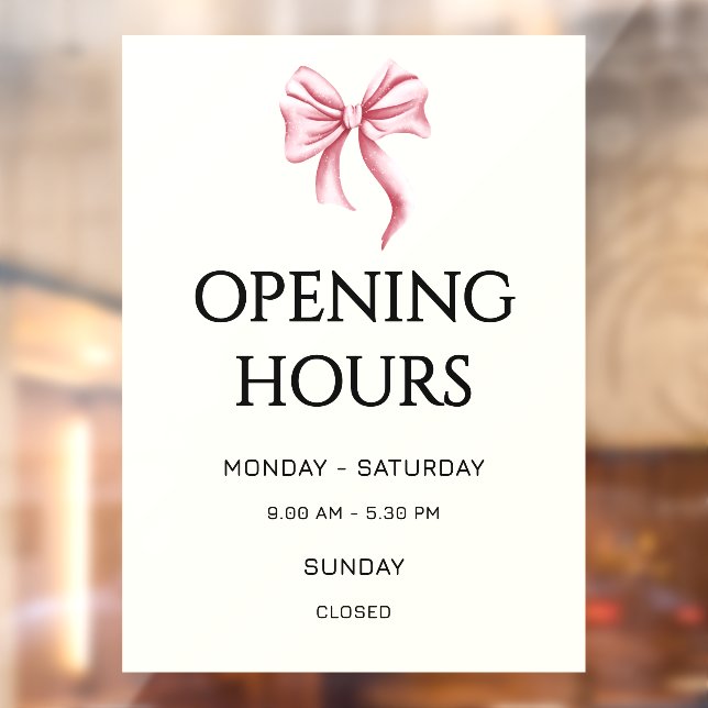 Cream Pink Bow Opening Hours Small Business Window Cling (Sheet 2)