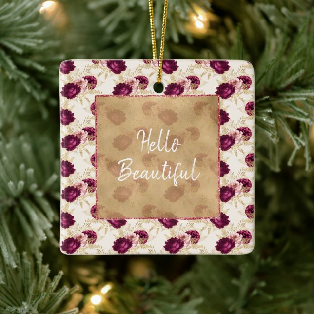 Cream Pink Burgundy Floral        Ceramic Ornament (Tree)