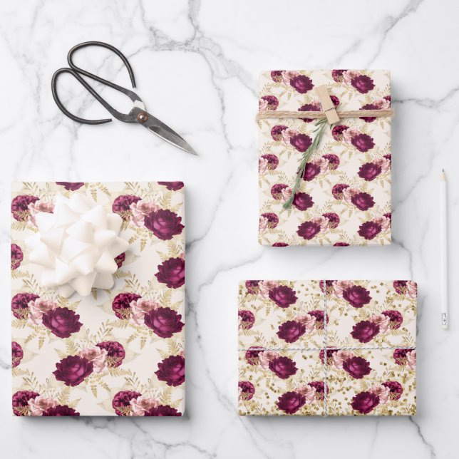 Cream Pink Burgundy Floral Gold Glitz Wrapping Paper Sheets (Front)