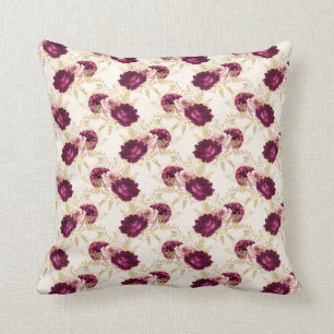 Cream Pink Burgundy Floral Throw Pillow