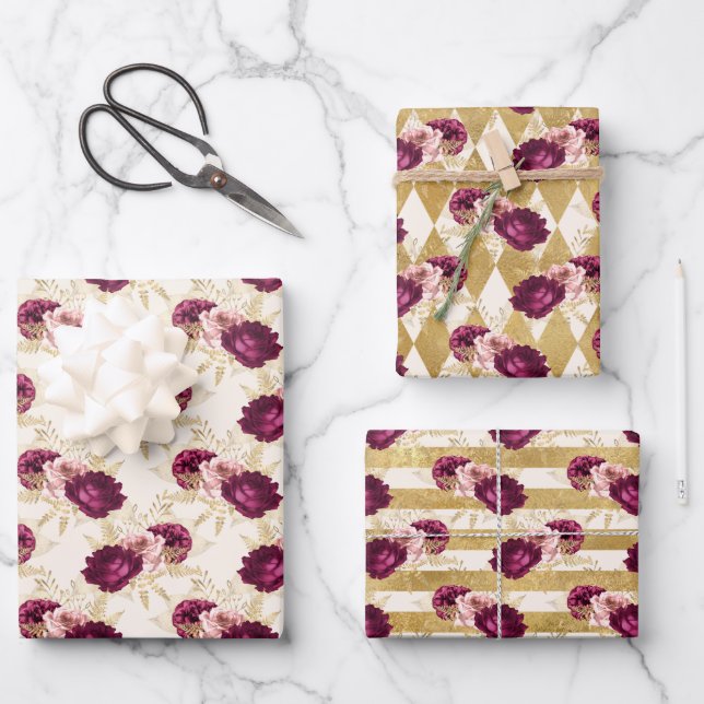 Cream Pink Burgundy Floral      Wrapping Paper Sheets (Front)