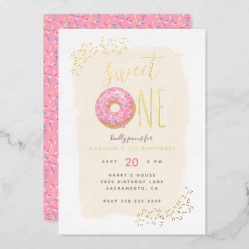 Cream  Pink Doughnut Sprinkle Sweet 1st Birthday Foil Invitation
