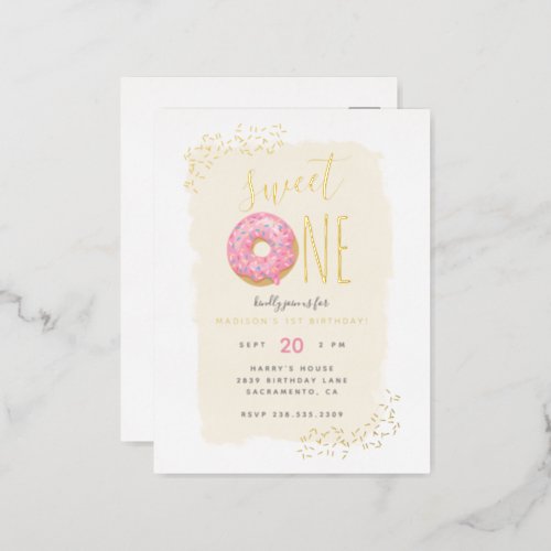 Cream  Pink Doughnut Sprinkle Sweet 1st Birthday Foil Invitation Postcard