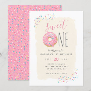Cream Pink Doughnut Sprinkle Sweet 1st Birthday Invitation