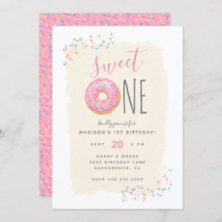 Cream | Pink Doughnut Sprinkle Sweet 1st Birthday Invitation