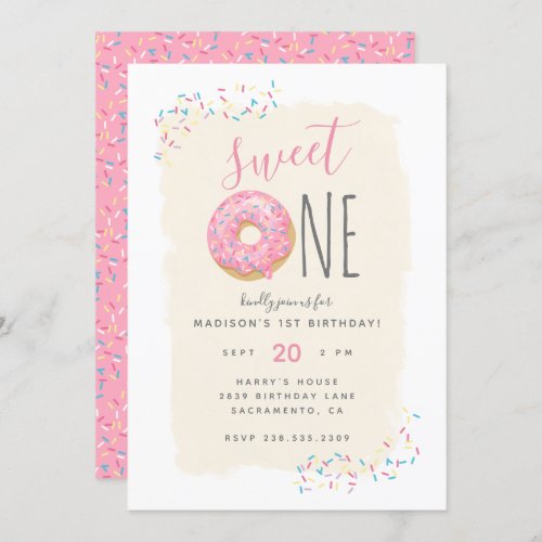 Cream  Pink Doughnut Sprinkle Sweet 1st Birthday Invitation