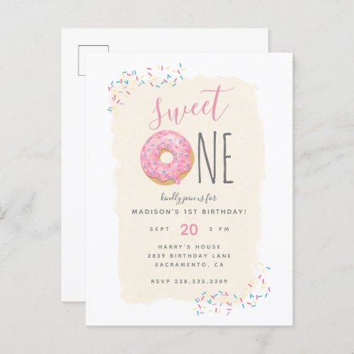 Cream  Pink Doughnut Sprinkle Sweet 1st Birthday Invitation Postcard