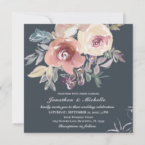 Cream Pink Fall Floral on Navy Christian Wedding Invitation